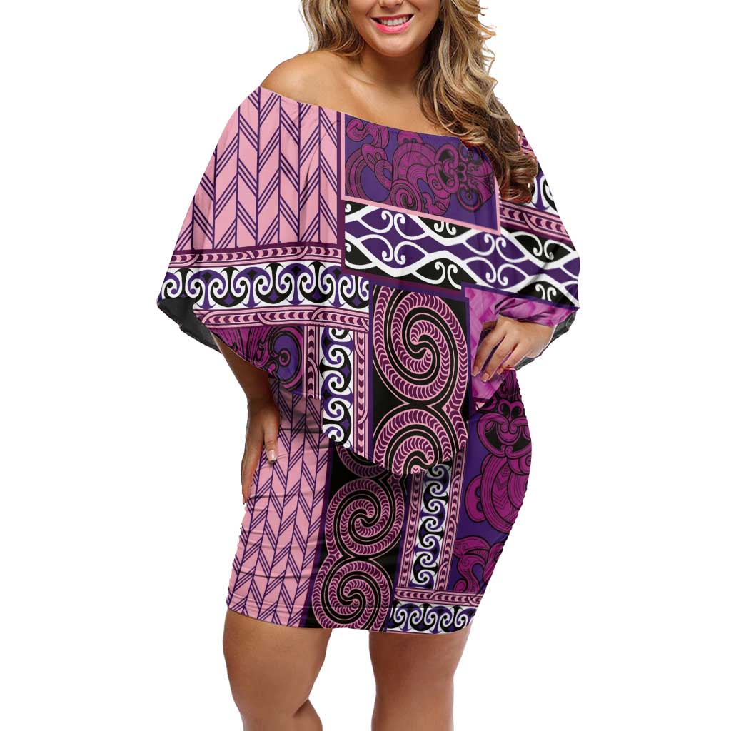 Pink Aotearoa Kowhaiwhai Pattern Family Matching Off Shoulder Short Dress and Hawaiian Shirt NZ Maori Quilt Style