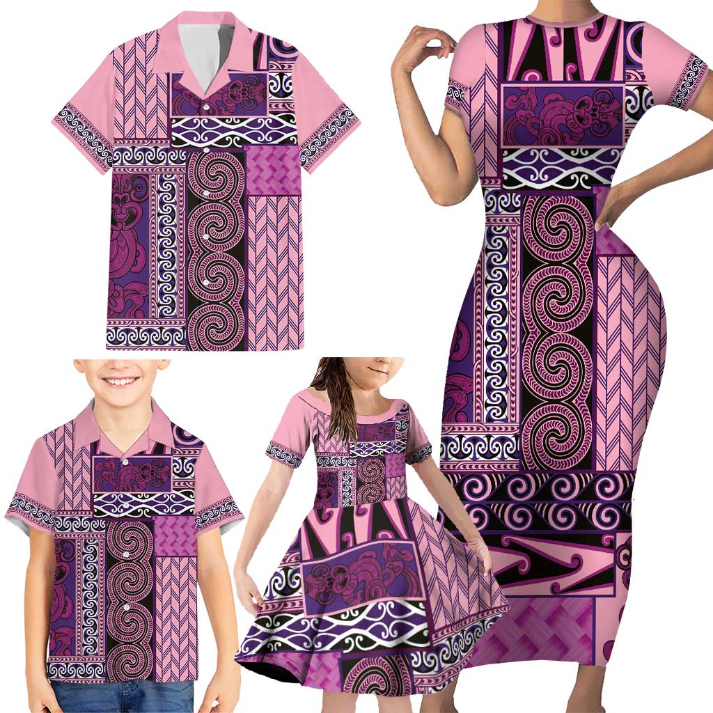 Pink Aotearoa Kowhaiwhai Pattern Family Matching Short Sleeve Bodycon Dress and Hawaiian Shirt NZ Maori Quilt Style