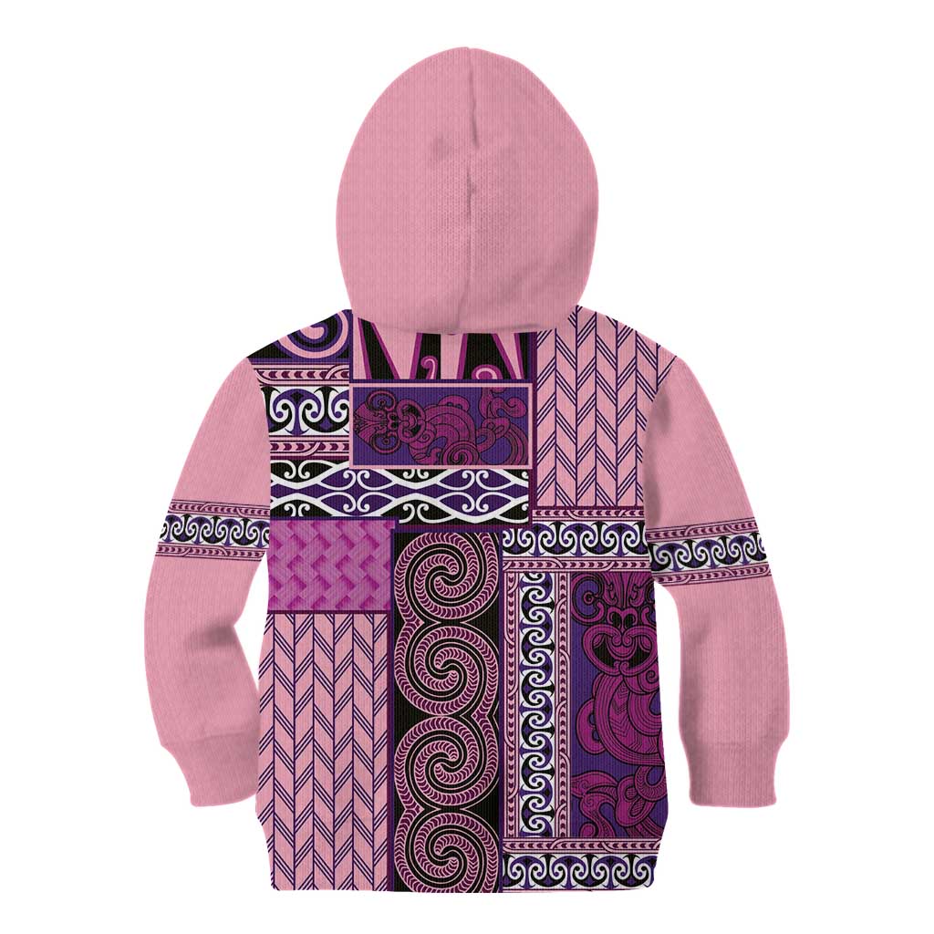 Pink Aotearoa Kowhaiwhai Pattern Kid Hoodie NZ Maori Quilt Style