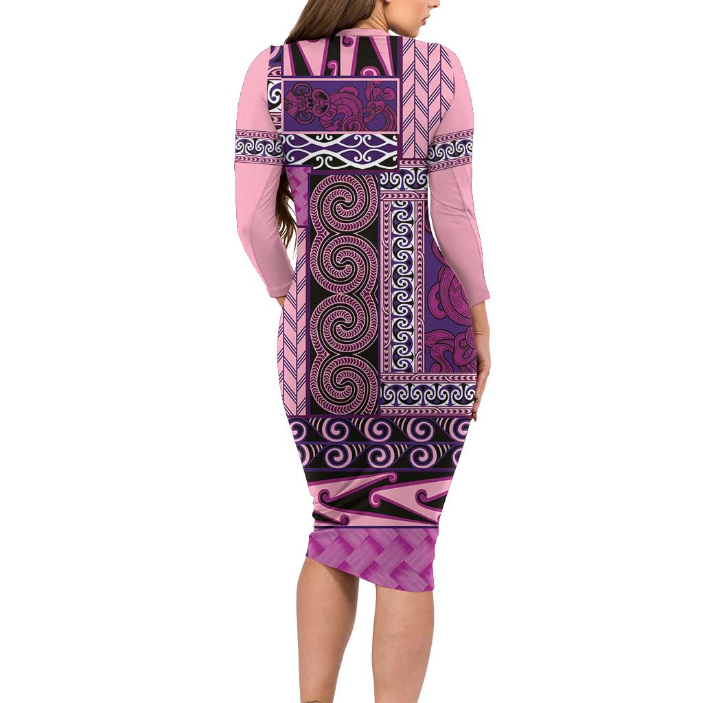 Pink Aotearoa Kowhaiwhai Pattern Long Sleeve Bodycon Dress NZ Maori Quilt Style