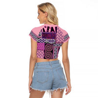 Pink Aotearoa Kowhaiwhai Pattern Raglan Cropped T Shirt NZ Maori Quilt Style