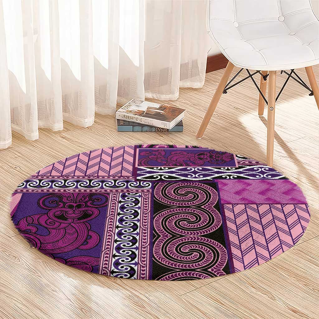 Pink Aotearoa Kowhaiwhai Pattern Round Carpet NZ Maori Quilt Style