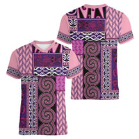 Pink Aotearoa Kowhaiwhai Pattern Women V-Neck T-Shirt NZ Maori Quilt Style