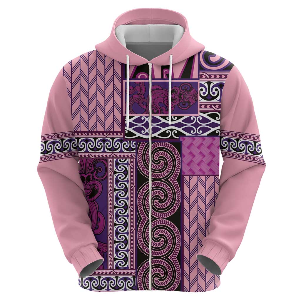 Pink Aotearoa Kowhaiwhai Pattern Zip Hoodie NZ Maori Quilt Style