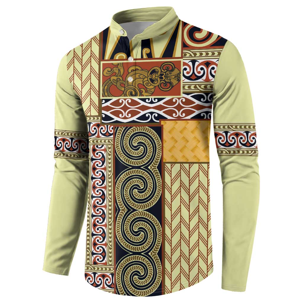 Yellow Aotearoa Kowhaiwhai Pattern Button Sweatshirt NZ Maori Quilt Style