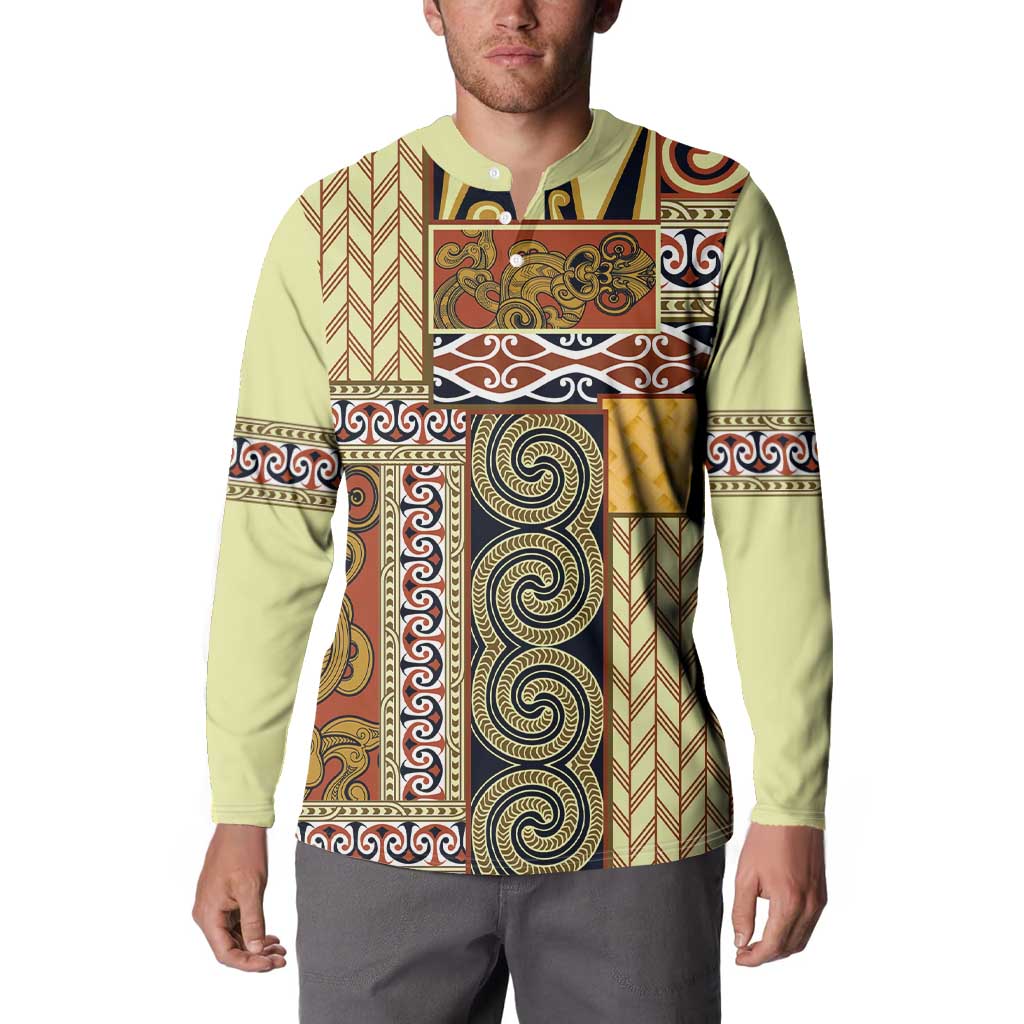 Yellow Aotearoa Kowhaiwhai Pattern Button Sweatshirt NZ Maori Quilt Style