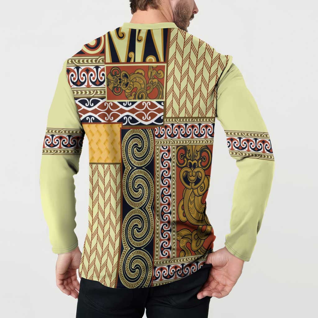 Yellow Aotearoa Kowhaiwhai Pattern Button Sweatshirt NZ Maori Quilt Style