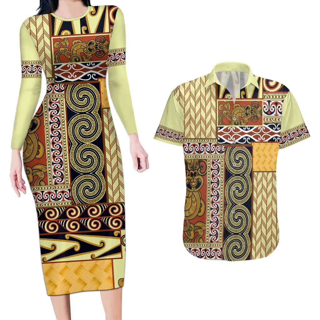 Yellow Aotearoa Kowhaiwhai Pattern Couples Matching Long Sleeve Bodycon Dress and Hawaiian Shirt NZ Maori Quilt Style