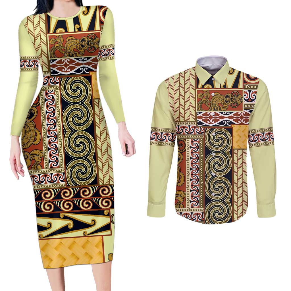 Yellow Aotearoa Kowhaiwhai Pattern Couples Matching Long Sleeve Bodycon Dress and Long Sleeve Button Shirt NZ Maori Quilt Style