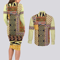 Yellow Aotearoa Kowhaiwhai Pattern Couples Matching Long Sleeve Bodycon Dress and Long Sleeve Button Shirt NZ Maori Quilt Style