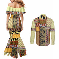 Yellow Aotearoa Kowhaiwhai Pattern Couples Matching Mermaid Dress and Long Sleeve Button Shirt NZ Maori Quilt Style