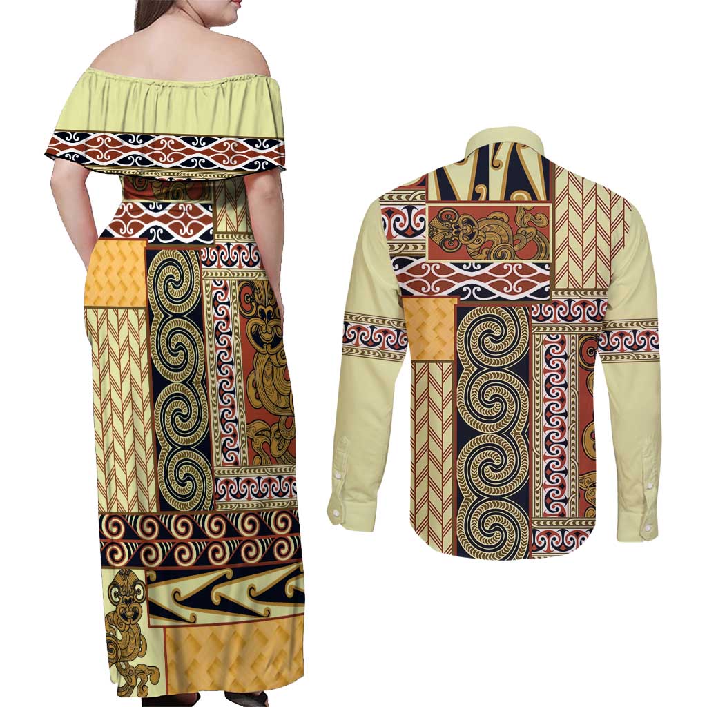 Yellow Aotearoa Kowhaiwhai Pattern Couples Matching Off Shoulder Maxi Dress and Long Sleeve Button Shirt NZ Maori Quilt Style