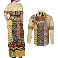 Yellow Aotearoa Kowhaiwhai Pattern Couples Matching Off Shoulder Maxi Dress and Long Sleeve Button Shirt NZ Maori Quilt Style