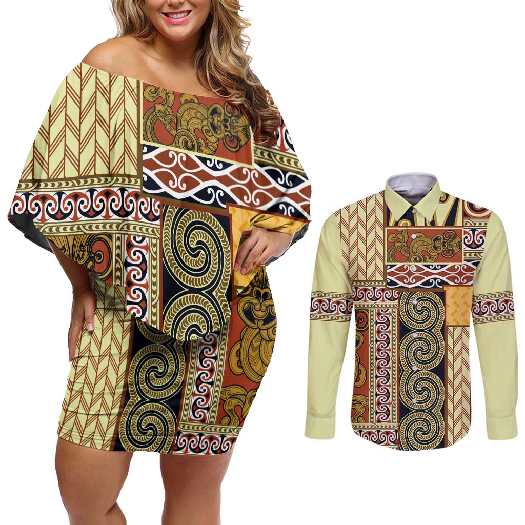 Yellow Aotearoa Kowhaiwhai Pattern Couples Matching Off Shoulder Short Dress and Long Sleeve Button Shirt NZ Maori Quilt Style