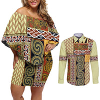 Yellow Aotearoa Kowhaiwhai Pattern Couples Matching Off Shoulder Short Dress and Long Sleeve Button Shirt NZ Maori Quilt Style