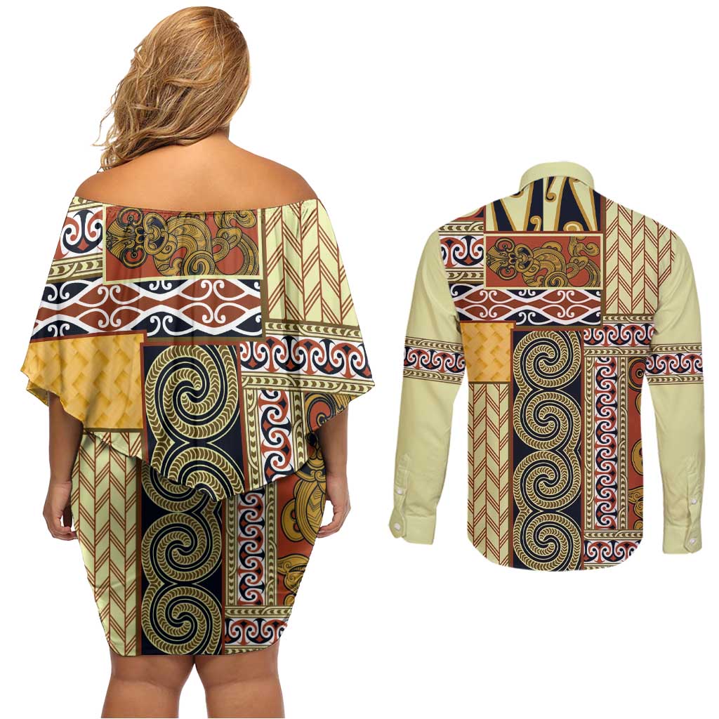 Yellow Aotearoa Kowhaiwhai Pattern Couples Matching Off Shoulder Short Dress and Long Sleeve Button Shirt NZ Maori Quilt Style