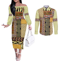 Yellow Aotearoa Kowhaiwhai Pattern Couples Matching Off The Shoulder Long Sleeve Dress and Long Sleeve Button Shirt NZ Maori Quilt Style