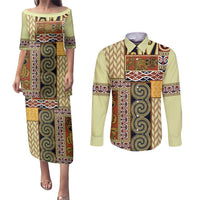 Yellow Aotearoa Kowhaiwhai Pattern Couples Matching Puletasi and Long Sleeve Button Shirt NZ Maori Quilt Style