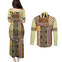 Yellow Aotearoa Kowhaiwhai Pattern Couples Matching Puletasi and Long Sleeve Button Shirt NZ Maori Quilt Style