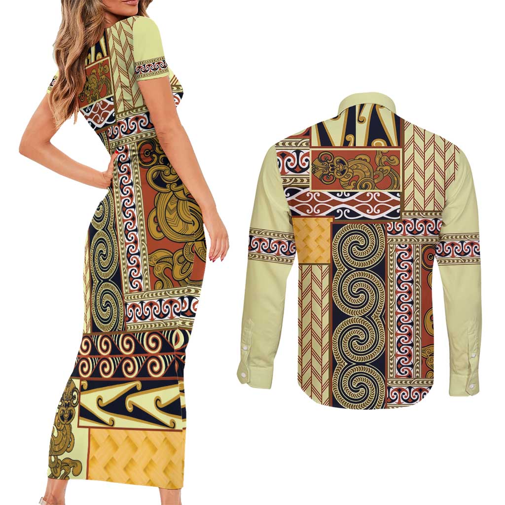 Yellow Aotearoa Kowhaiwhai Pattern Couples Matching Short Sleeve Bodycon Dress and Long Sleeve Button Shirt NZ Maori Quilt Style