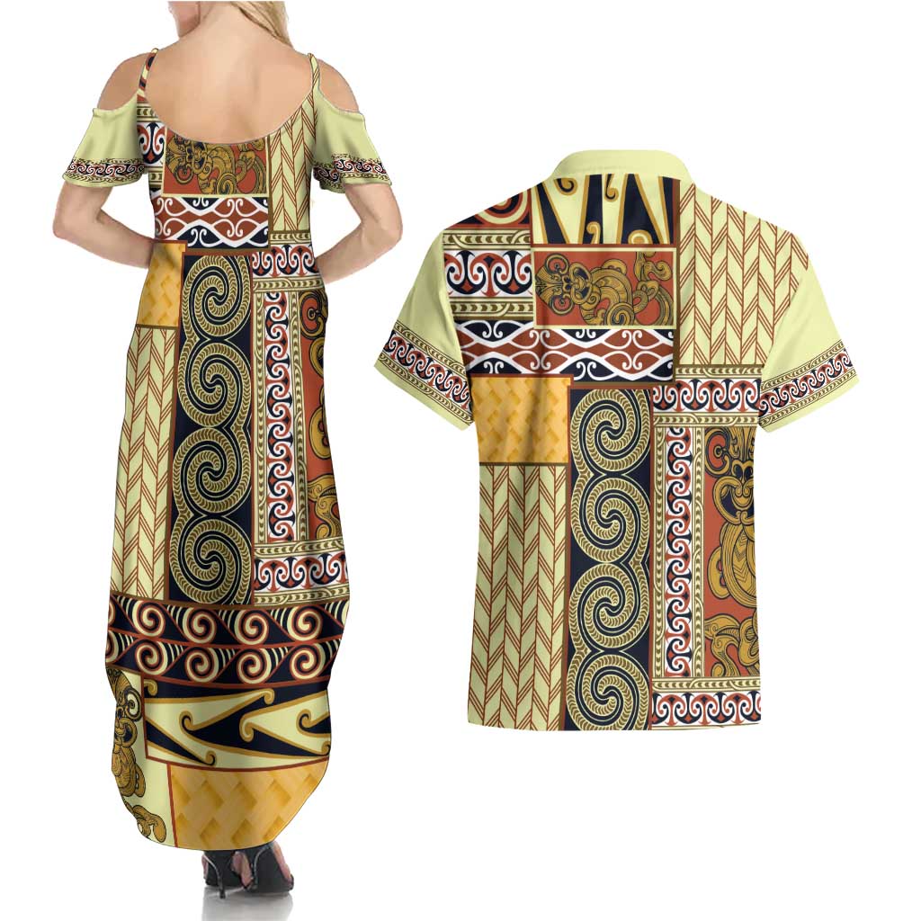 Yellow Aotearoa Kowhaiwhai Pattern Couples Matching Summer Maxi Dress and Hawaiian Shirt NZ Maori Quilt Style