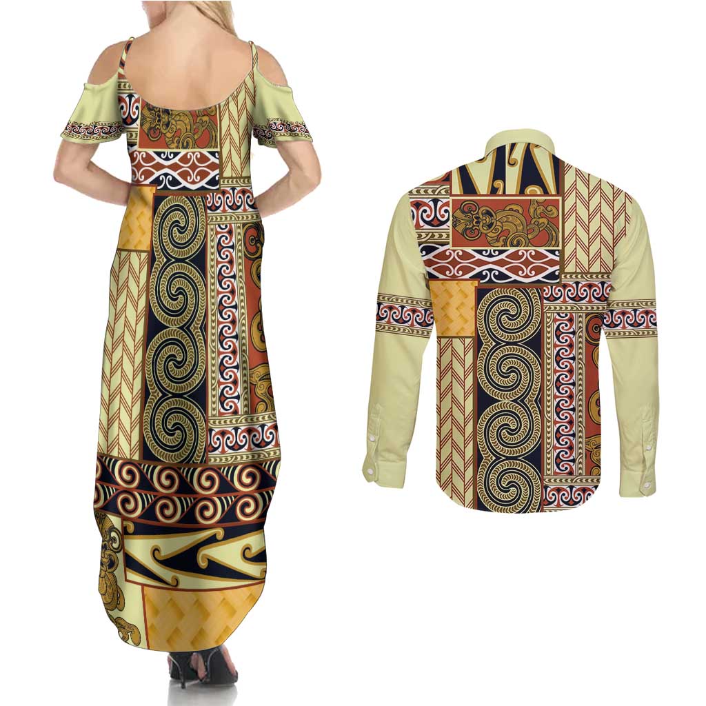 Yellow Aotearoa Kowhaiwhai Pattern Couples Matching Summer Maxi Dress and Long Sleeve Button Shirt NZ Maori Quilt Style