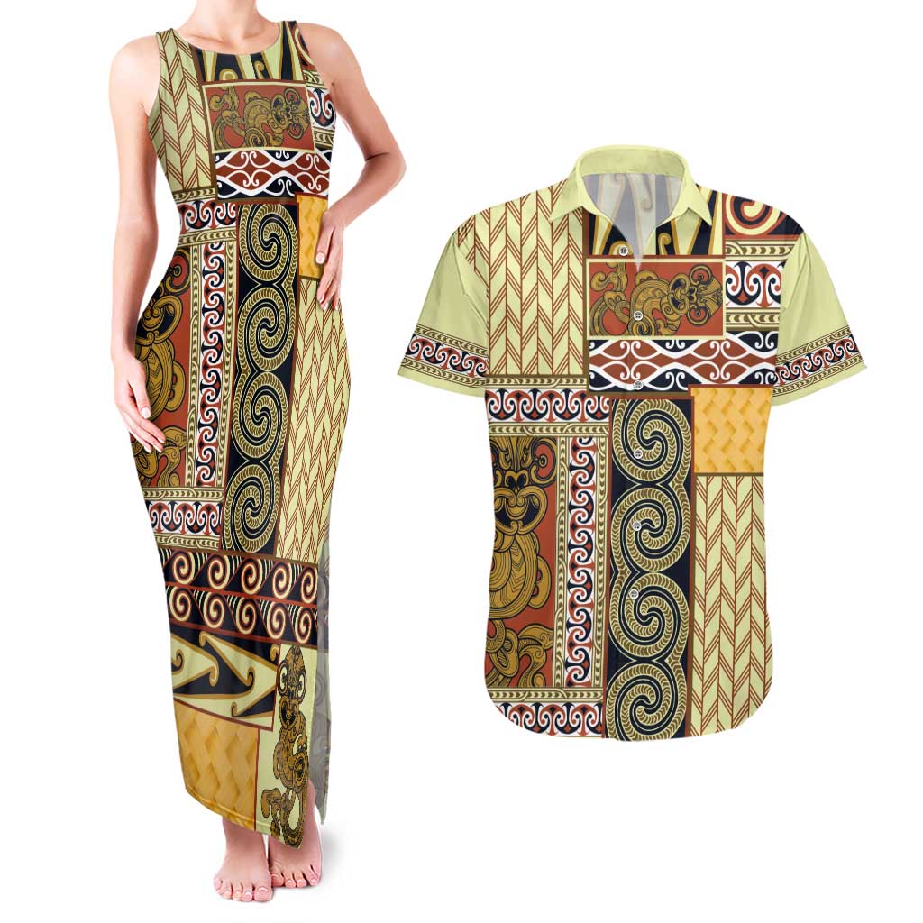 Yellow Aotearoa Kowhaiwhai Pattern Couples Matching Tank Maxi Dress and Hawaiian Shirt NZ Maori Quilt Style
