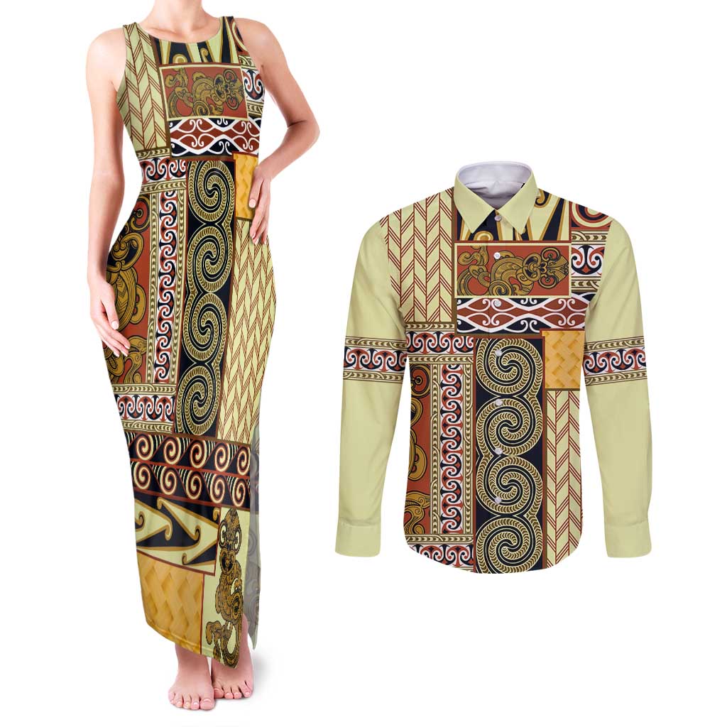 Yellow Aotearoa Kowhaiwhai Pattern Couples Matching Tank Maxi Dress and Long Sleeve Button Shirt NZ Maori Quilt Style