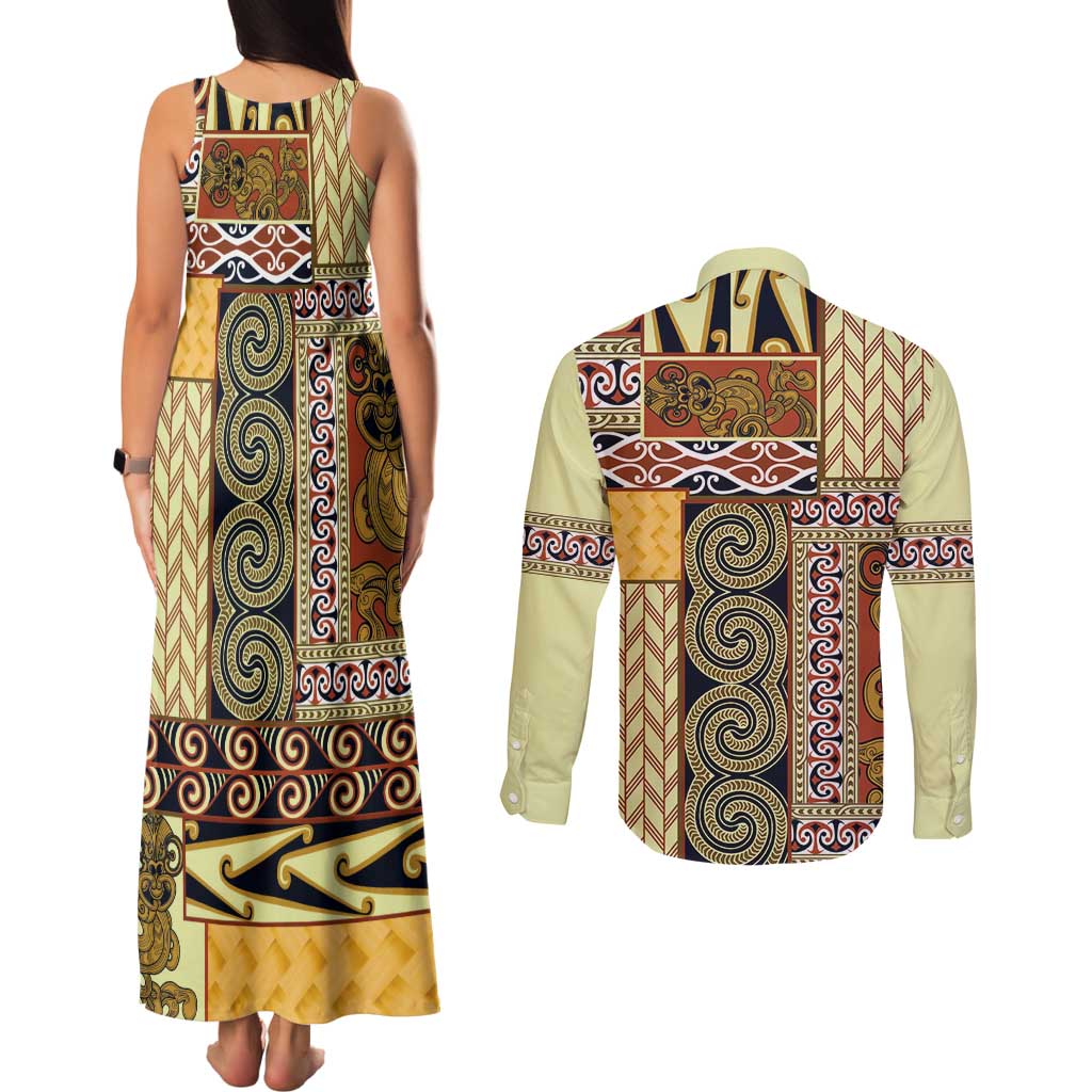 Yellow Aotearoa Kowhaiwhai Pattern Couples Matching Tank Maxi Dress and Long Sleeve Button Shirt NZ Maori Quilt Style