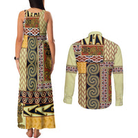 Yellow Aotearoa Kowhaiwhai Pattern Couples Matching Tank Maxi Dress and Long Sleeve Button Shirt NZ Maori Quilt Style
