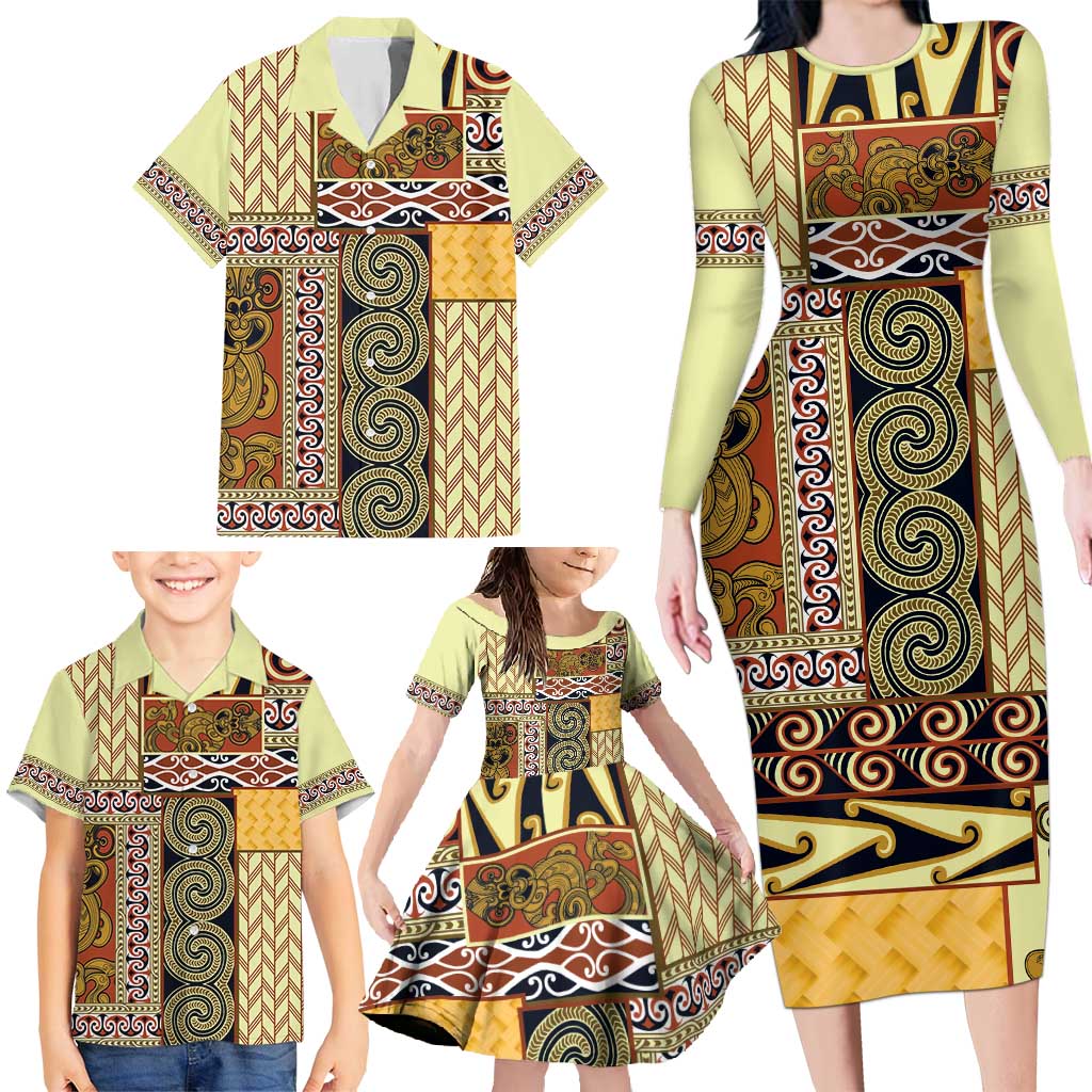 Yellow Aotearoa Kowhaiwhai Pattern Family Matching Long Sleeve Bodycon Dress and Hawaiian Shirt NZ Maori Quilt Style