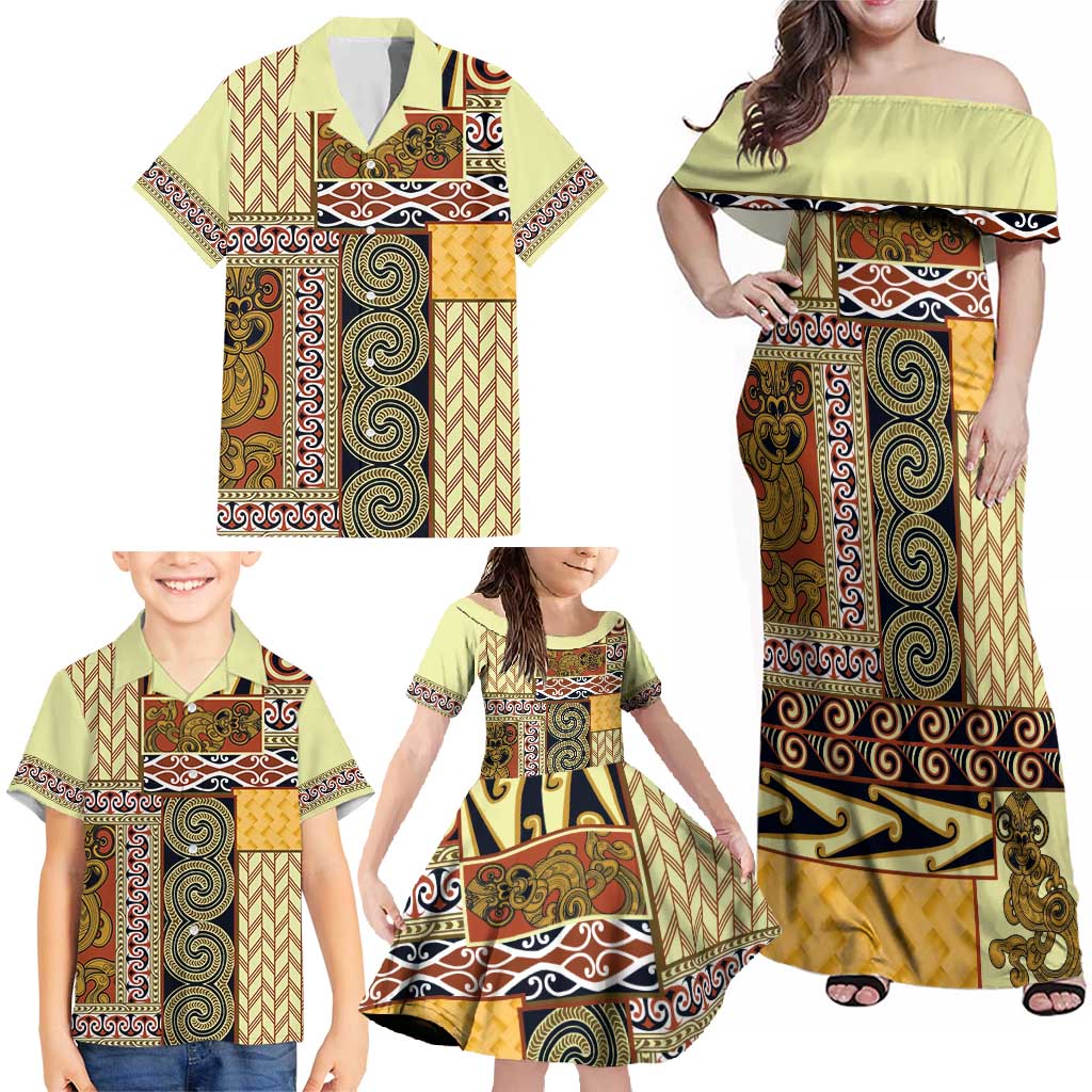 Yellow Aotearoa Kowhaiwhai Pattern Family Matching Off Shoulder Maxi Dress and Hawaiian Shirt NZ Maori Quilt Style