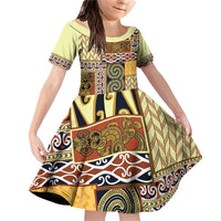Yellow Aotearoa Kowhaiwhai Pattern Family Matching Off Shoulder Short Dress and Hawaiian Shirt NZ Maori Quilt Style