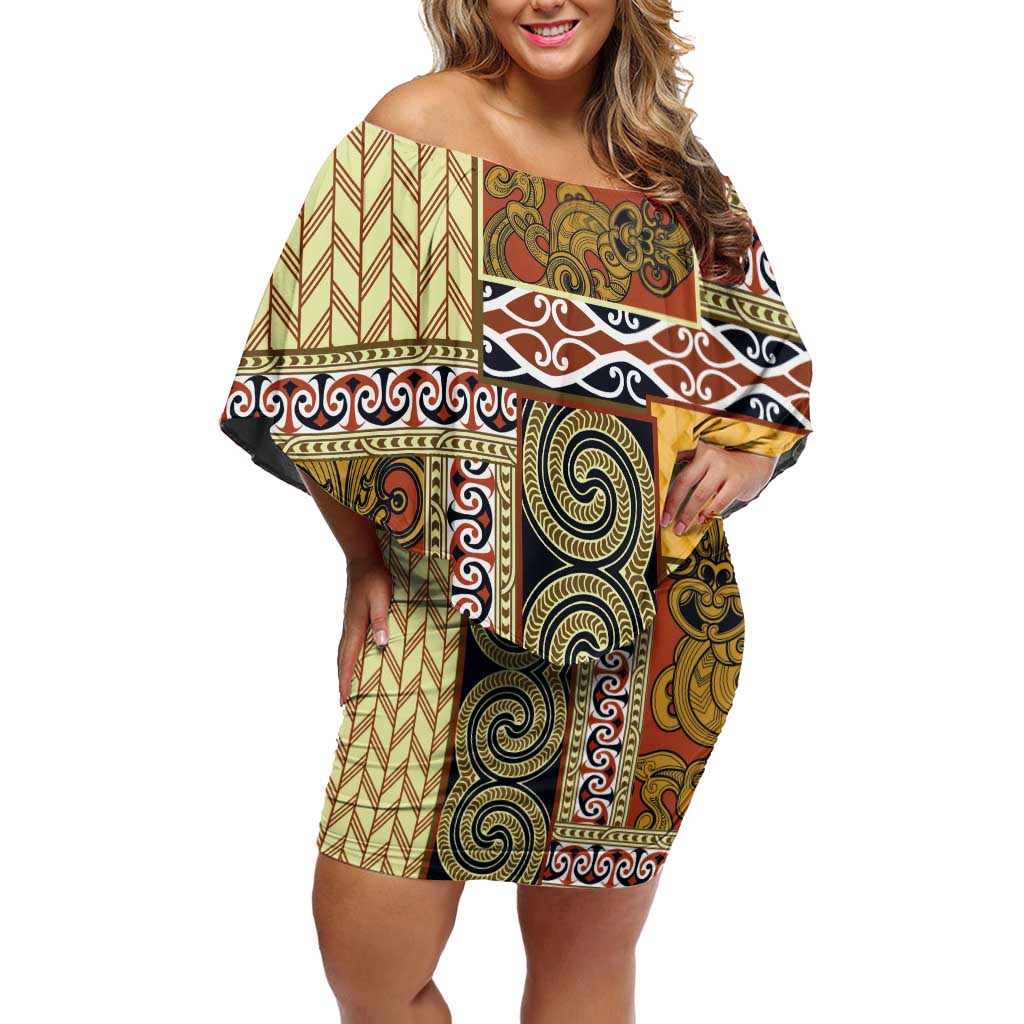 Yellow Aotearoa Kowhaiwhai Pattern Family Matching Off Shoulder Short Dress and Hawaiian Shirt NZ Maori Quilt Style