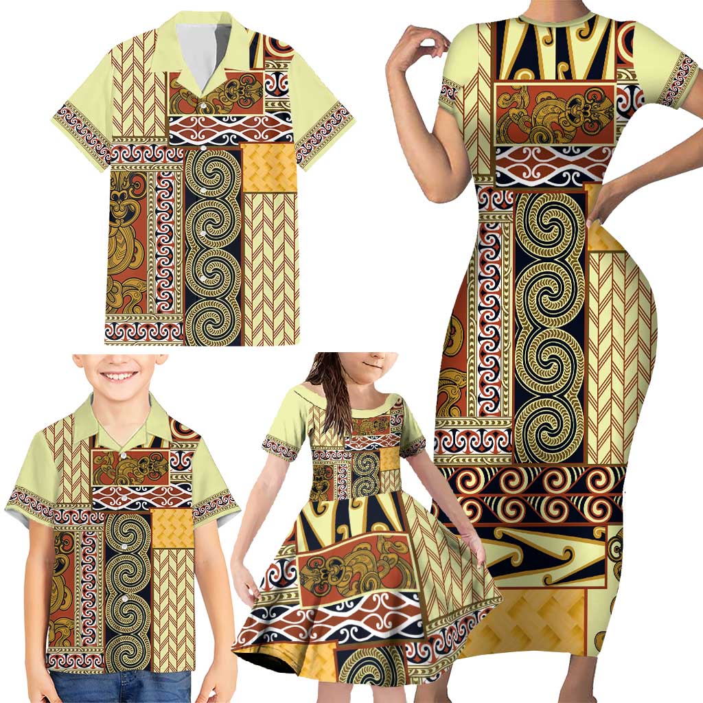 Yellow Aotearoa Kowhaiwhai Pattern Family Matching Short Sleeve Bodycon Dress and Hawaiian Shirt NZ Maori Quilt Style