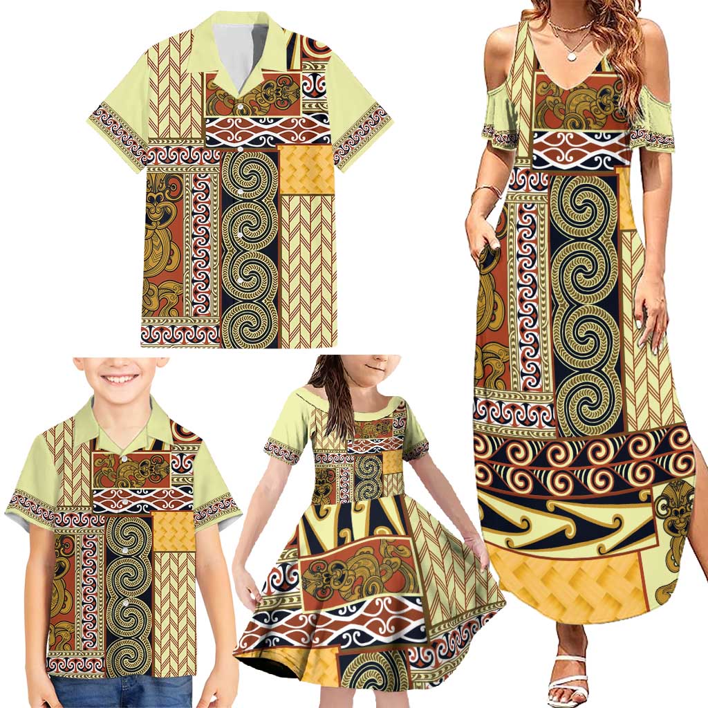 Yellow Aotearoa Kowhaiwhai Pattern Family Matching Summer Maxi Dress and Hawaiian Shirt NZ Maori Quilt Style