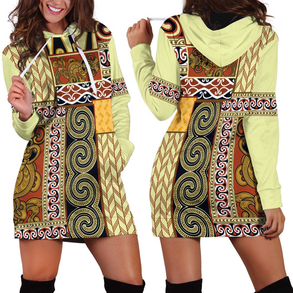 Yellow Aotearoa Kowhaiwhai Pattern Hoodie Dress NZ Maori Quilt Style