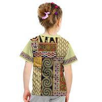 Yellow Aotearoa Kowhaiwhai Pattern Kid T Shirt NZ Maori Quilt Style