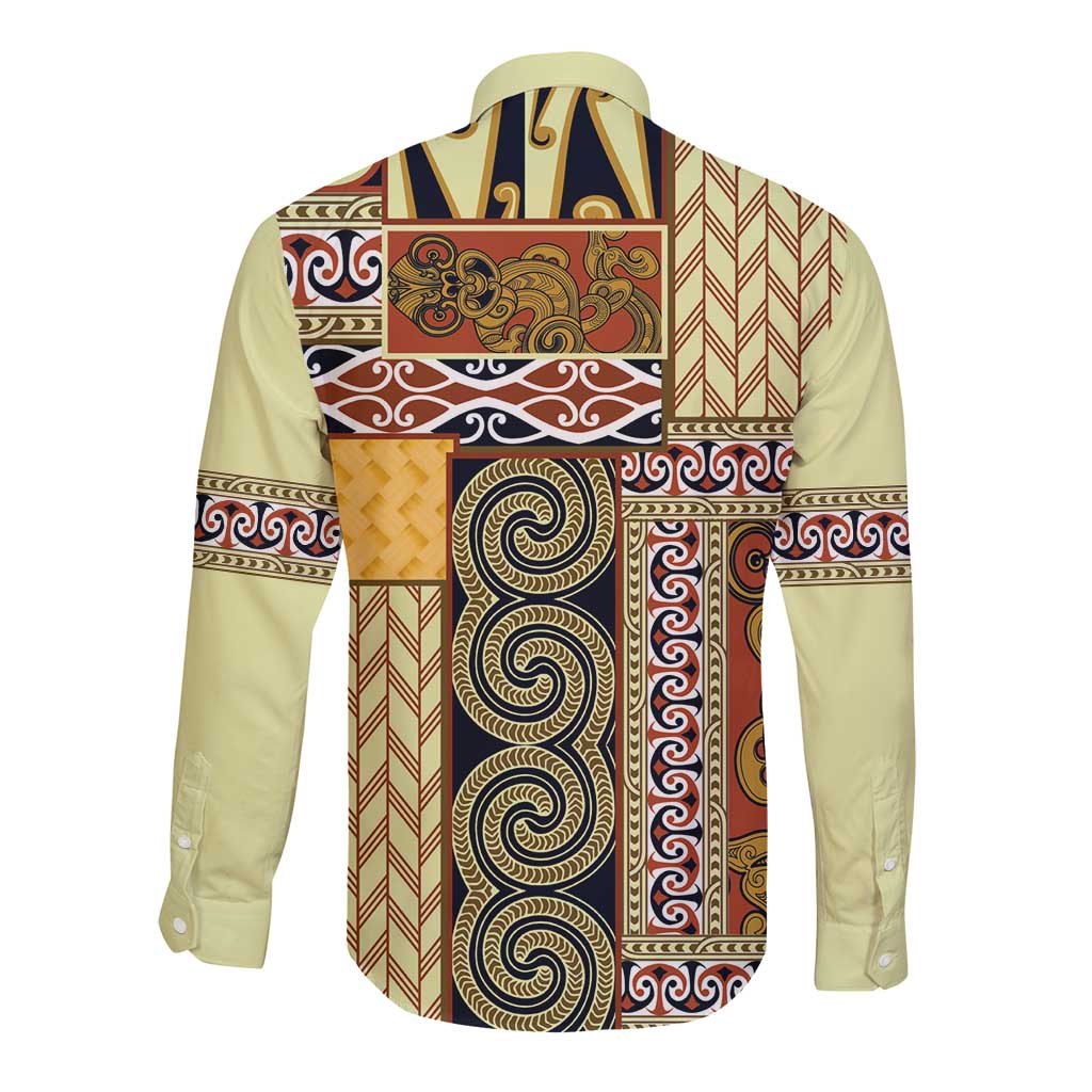 Yellow Aotearoa Kowhaiwhai Pattern Long Sleeve Button Shirt NZ Maori Quilt Style