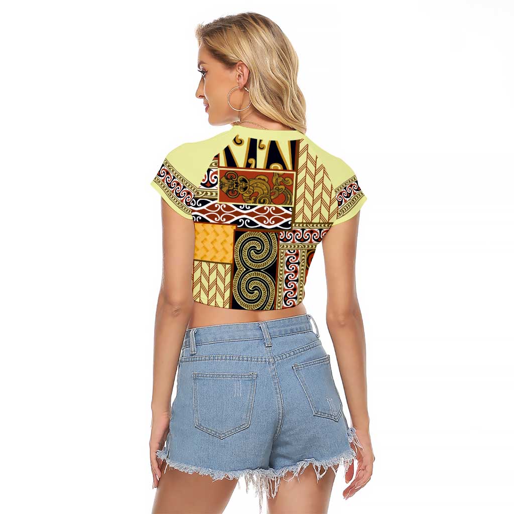 Yellow Aotearoa Kowhaiwhai Pattern Raglan Cropped T Shirt NZ Maori Quilt Style
