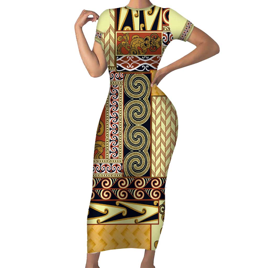 Yellow Aotearoa Kowhaiwhai Pattern Short Sleeve Bodycon Dress NZ Maori Quilt Style