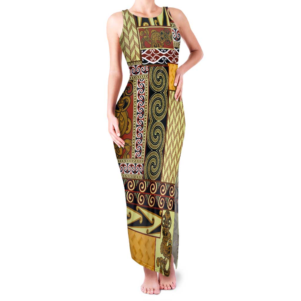 Yellow Aotearoa Kowhaiwhai Pattern Tank Maxi Dress NZ Maori Quilt Style