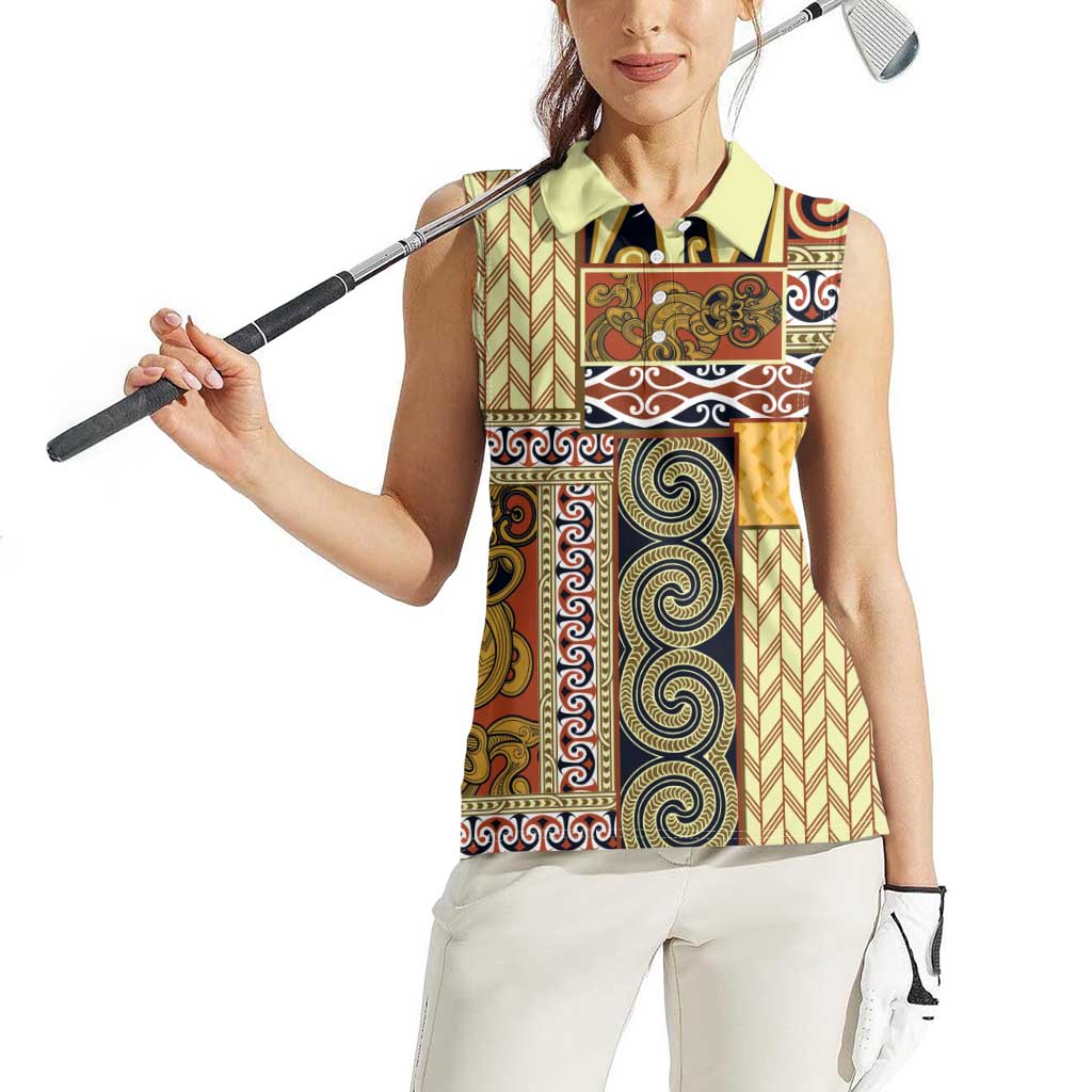 Yellow Aotearoa Kowhaiwhai Pattern Women Sleeveless Polo Shirt NZ Maori Quilt Style