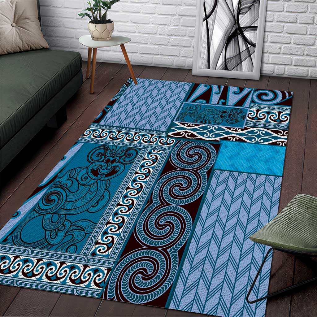 Blue Aotearoa Kowhaiwhai Pattern Area Rug NZ Maori Quilt Style