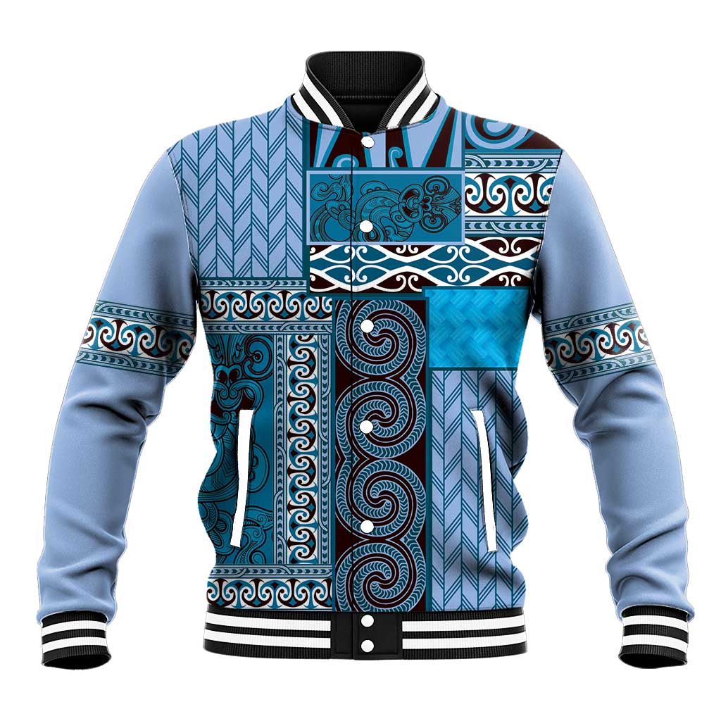 Blue Aotearoa Kowhaiwhai Pattern Baseball Jacket NZ Maori Quilt Style