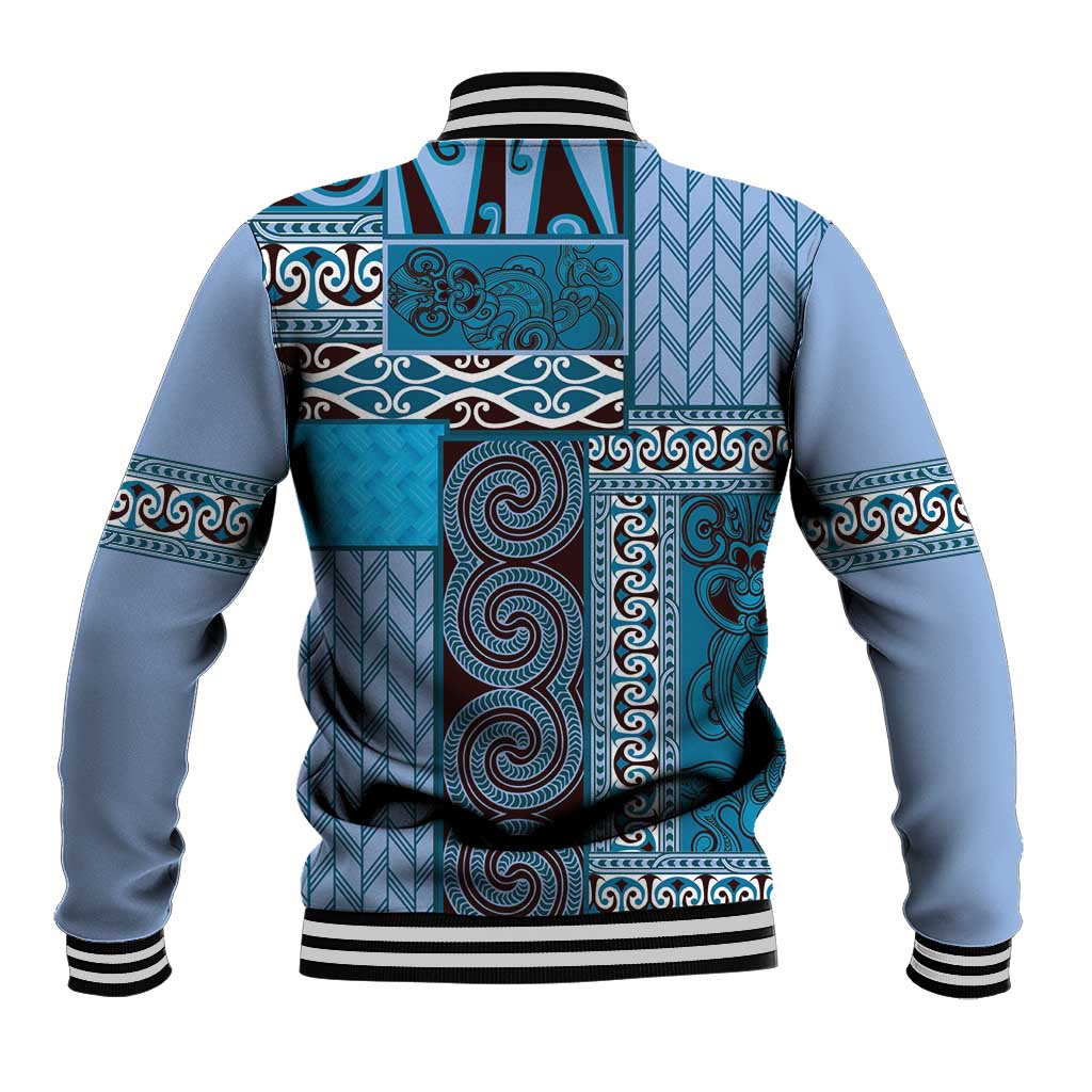 Blue Aotearoa Kowhaiwhai Pattern Baseball Jacket NZ Maori Quilt Style