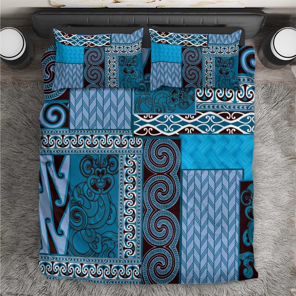 Blue Aotearoa Kowhaiwhai Pattern Bedding Set NZ Maori Quilt Style