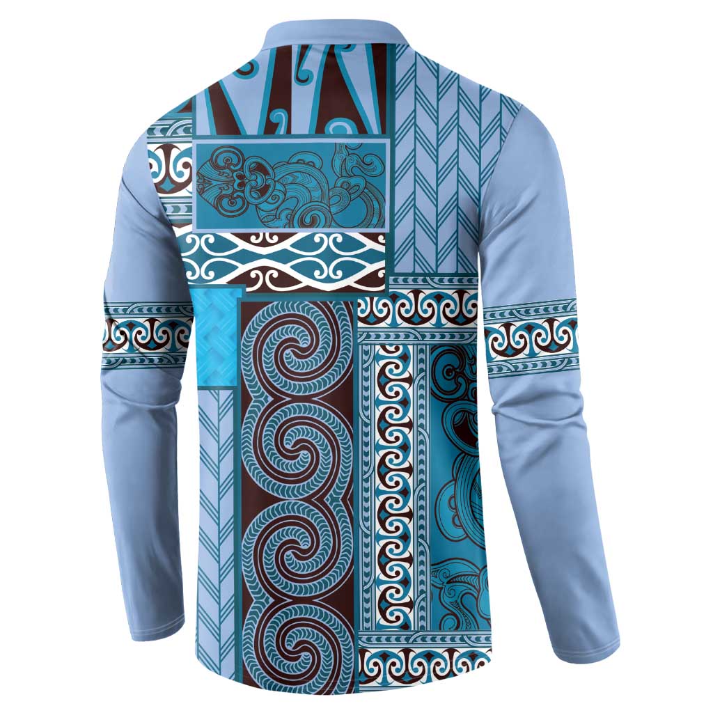Blue Aotearoa Kowhaiwhai Pattern Button Sweatshirt NZ Maori Quilt Style