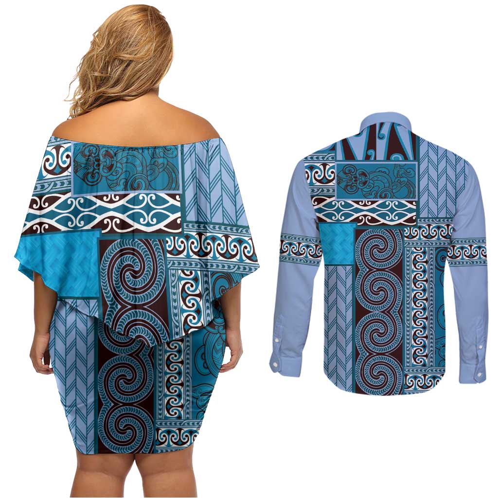 Blue Aotearoa Kowhaiwhai Pattern Couples Matching Off Shoulder Short Dress and Long Sleeve Button Shirt NZ Maori Quilt Style