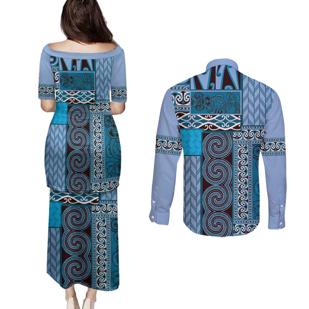 Blue Aotearoa Kowhaiwhai Pattern Couples Matching Puletasi and Long Sleeve Button Shirt NZ Maori Quilt Style